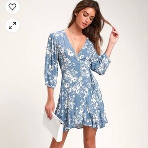 Lulus Floral in This Together Dusty Blue Floral Print Wrap Dress